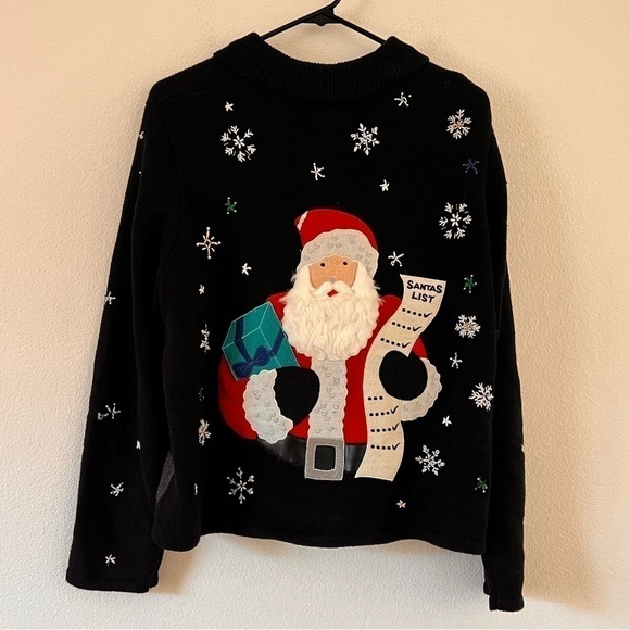 Designers Originals Sweaters - Vintage Ugly Christmas Sweater Black Zip Up Appliqué Santa Clause Size Large